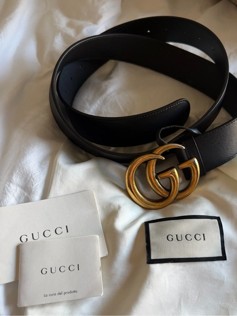 Gucci Black Leather Belt with Gold Double G Buckle
